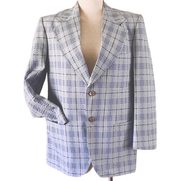 VINTAGE 70s blue plaid Sports Coat Blazer Suit jacket - Picture 5 of 15